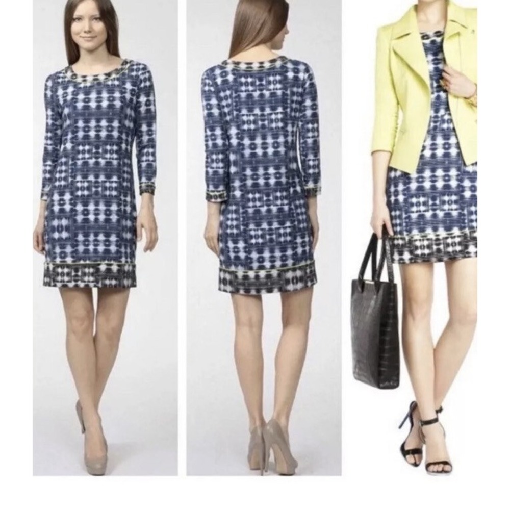 BCBGMAXAZRIA Ania Shift Dress 3/4 Sleeve Geometric Blue White Green XS